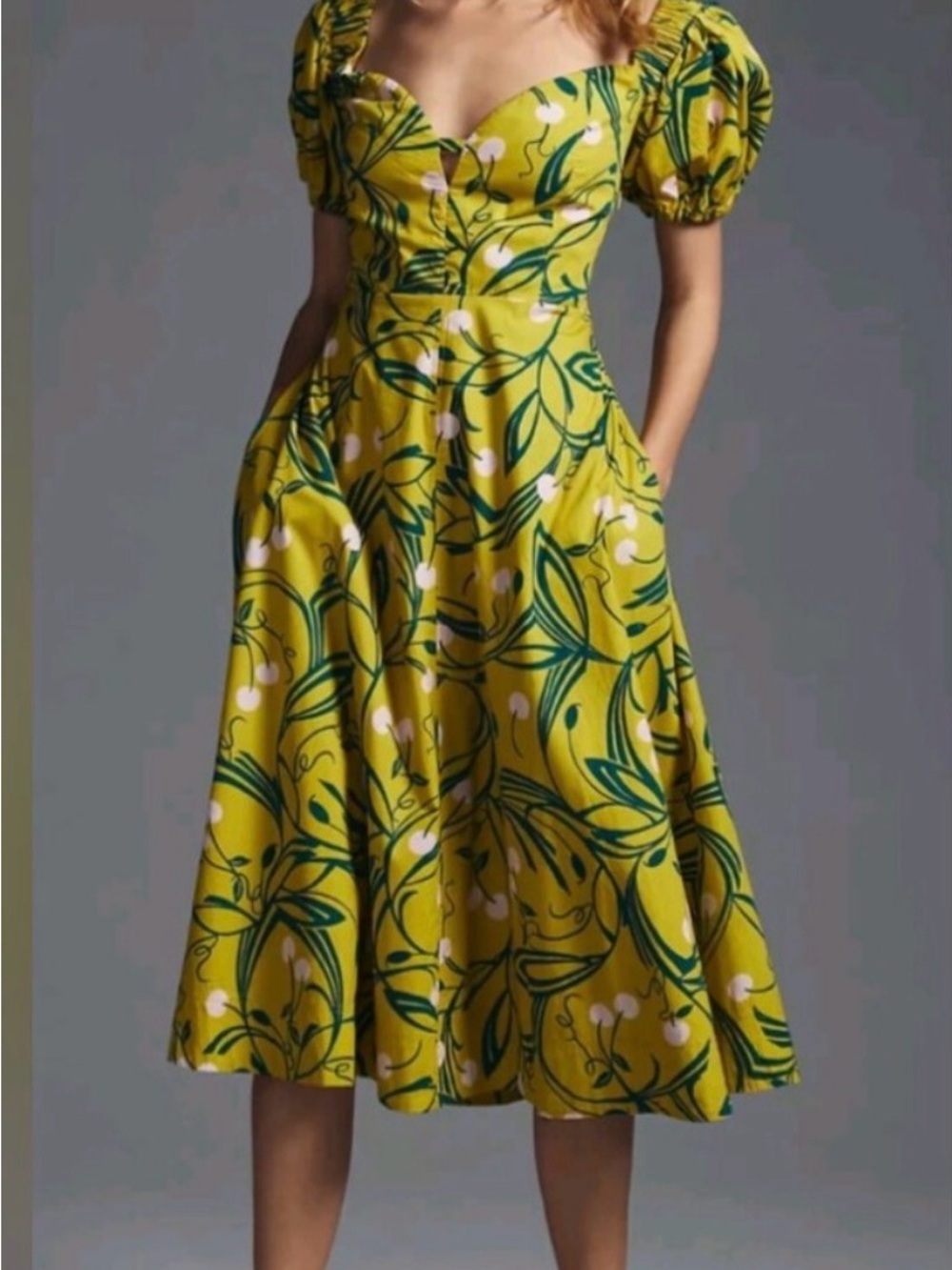 Anthropologie Yellow Floral Puff-Sleeve Midi Dress